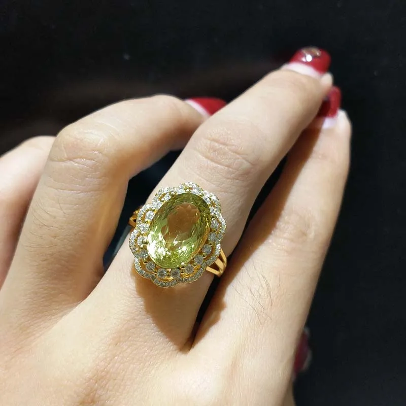 FLZB, натуральный lemon кварцевые OV 10*14 мм 8.5ct в 925 стерлингового серебра с 18 карат желтое позолоченное кольцо с овальной вставкой из kольцо в форме цветка для женщин вечерние