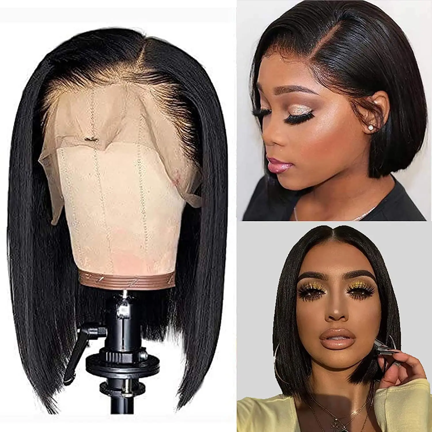 Swag Hair Straight Bob Human Wig 4x4 Lace Closure Pre-Plucked 180% Density Malaysian Natural Color For Woman | Шиньоны и парики