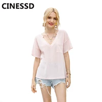 cinessd sexy v neck solid pocket tshirt women casual tops short sleeves pullover office lady waffle plaid thin tunic tee shirts