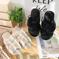 womens soft bottom household plush cross strip indoor non slip warm home fleece lined autumn and winter cotton slippers