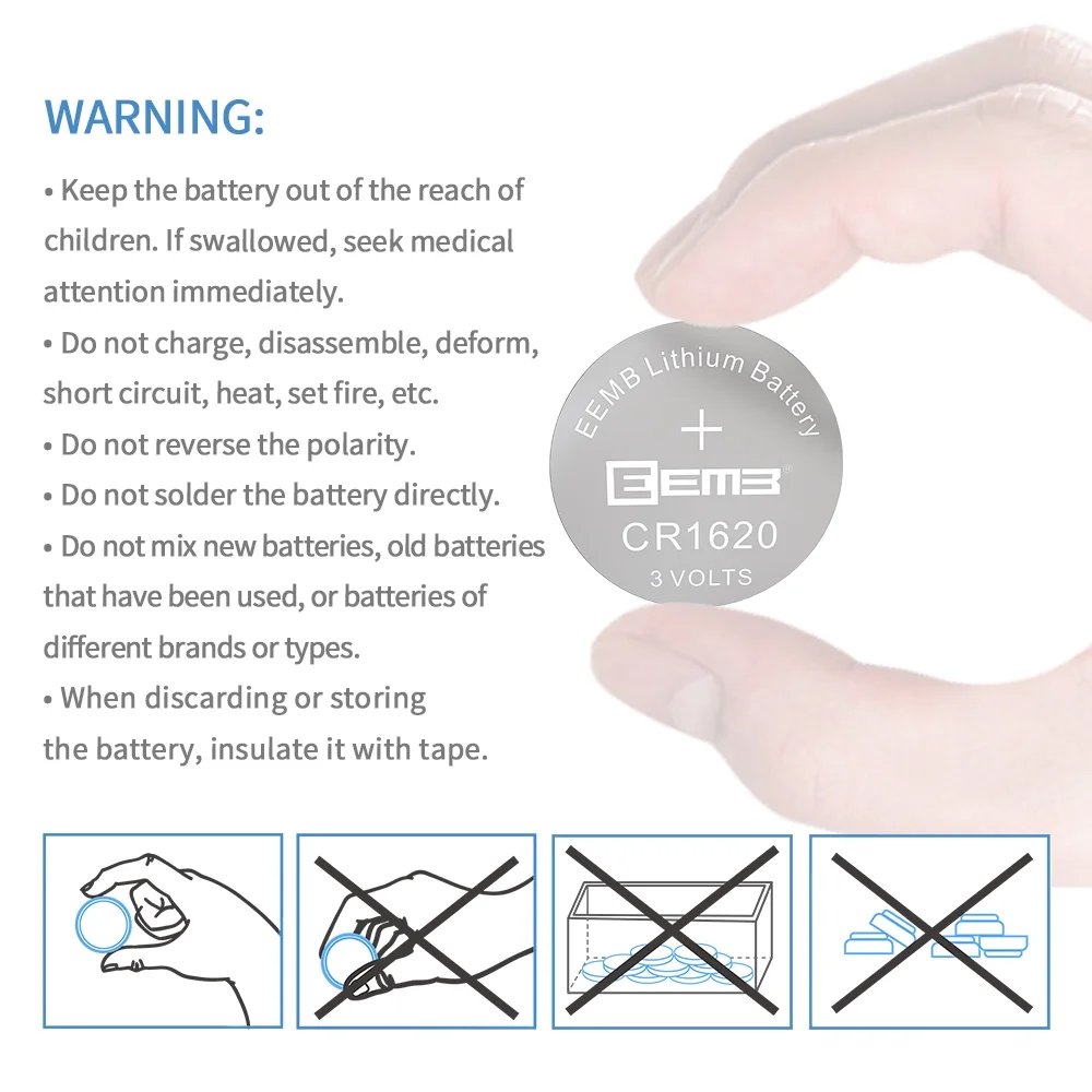 

20 PCS EEMB CR1620 3.0V Lithium Battery 70mAh Coin Cell NON-rechargeable Li-MnO2 Button Battery for Remote Car Key Pedometer