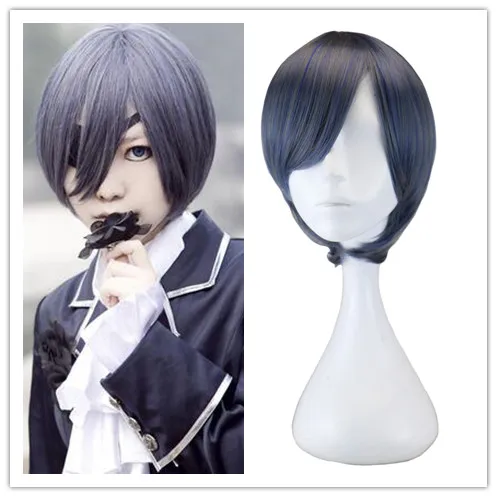 Парик женский для косплея короткие прямые с челкой смешанные голубые цвета