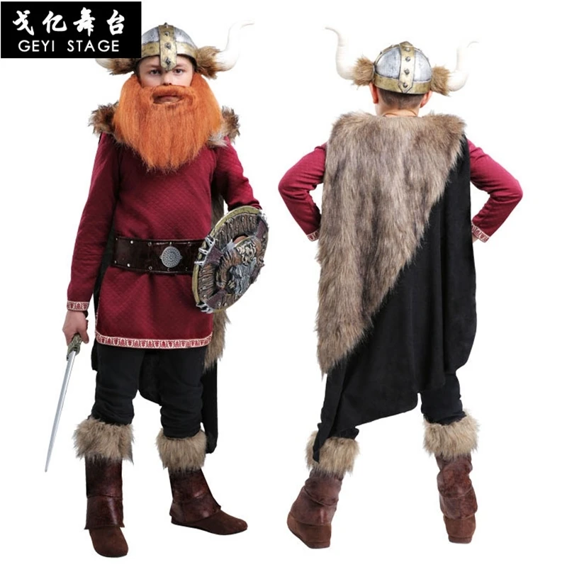 

New kid boys Halloween Party Burgundy pirate Snowfield Hunter Costumes Outfit Fancy Viking Warrior Cosplay Fantasy clothing