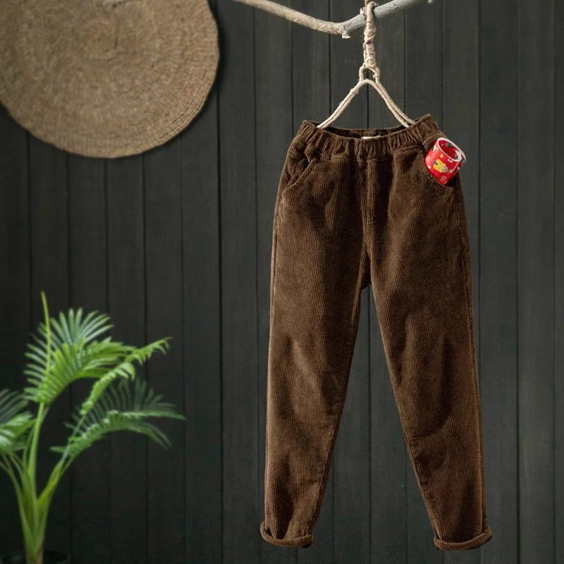 Женские вельветовые шаровары в стиле ретро с высокой талией на осень/зиму |