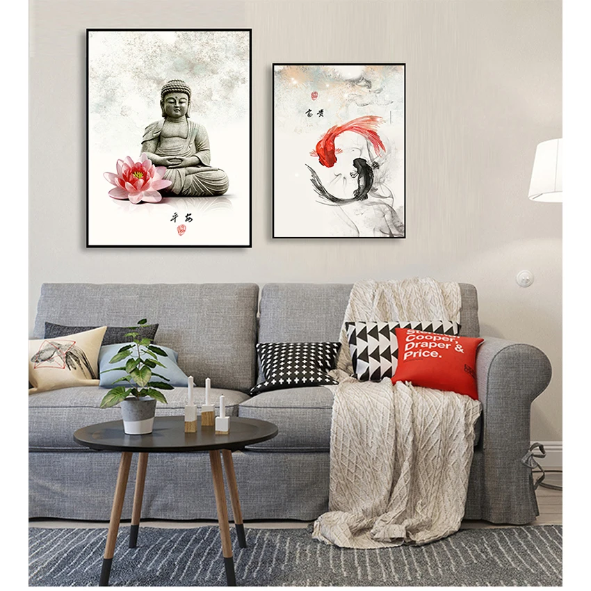 

for Living Room No Framed New Chinese ink Flowers Buddha Wall Art Print Picture Canvas Painting Poster