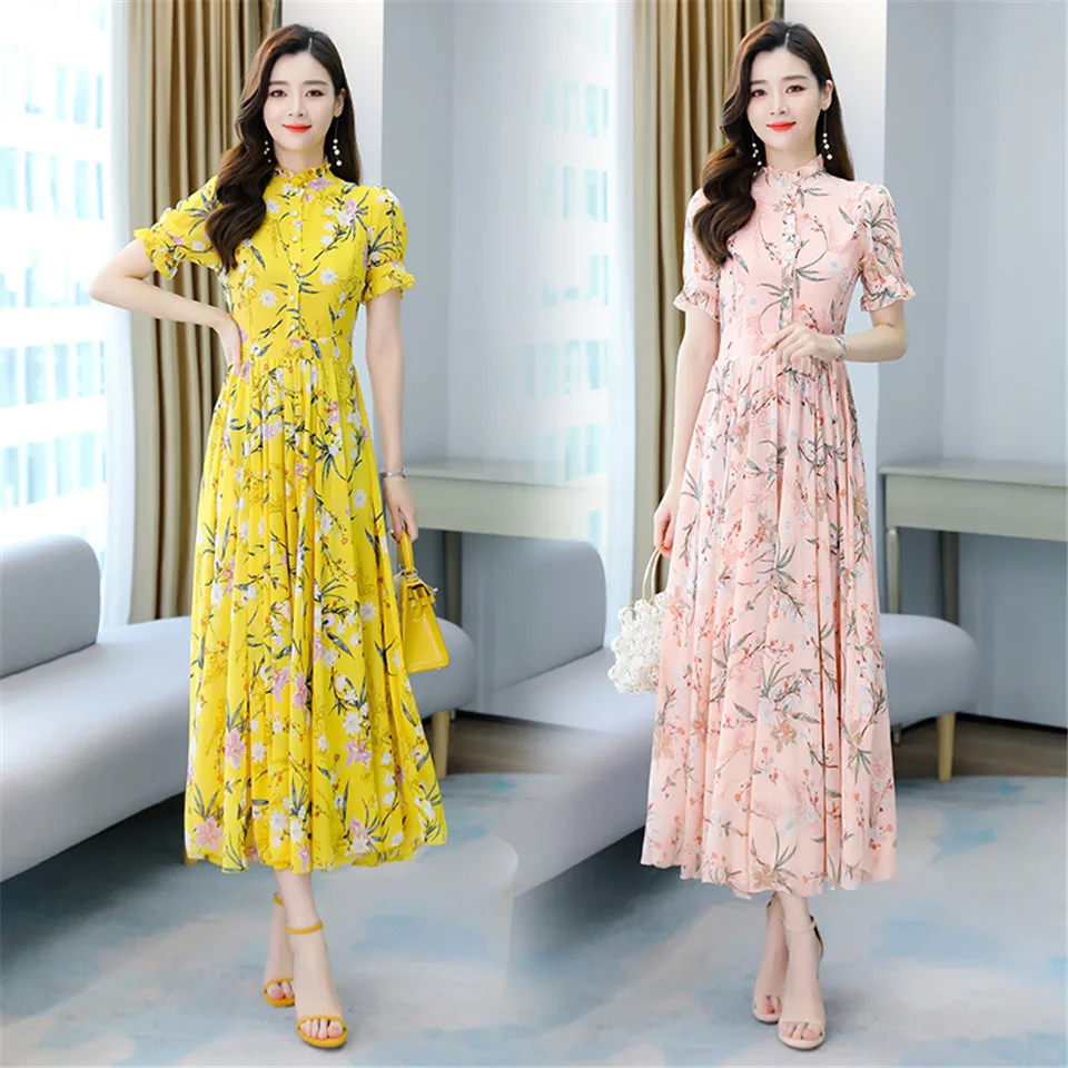 

Summer Boho Slim Chiffon Printed Dress Women Elegant Big Swing Dress Retro Short Sleeve Floral Holiday Party Dress Female