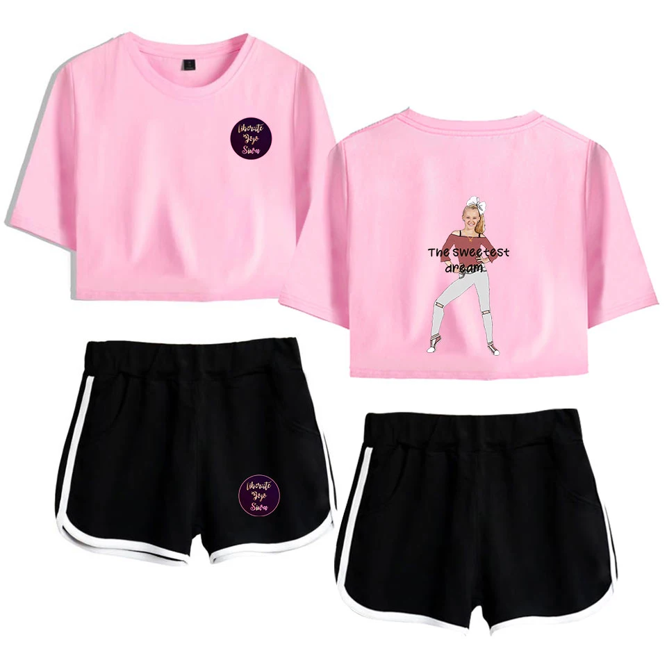 

Suitable JOJO SIWA Exposed Navel Pink T-shirt+Black shorts women's two-piece sets Fashion Summer girl's two-piece suits Clothing