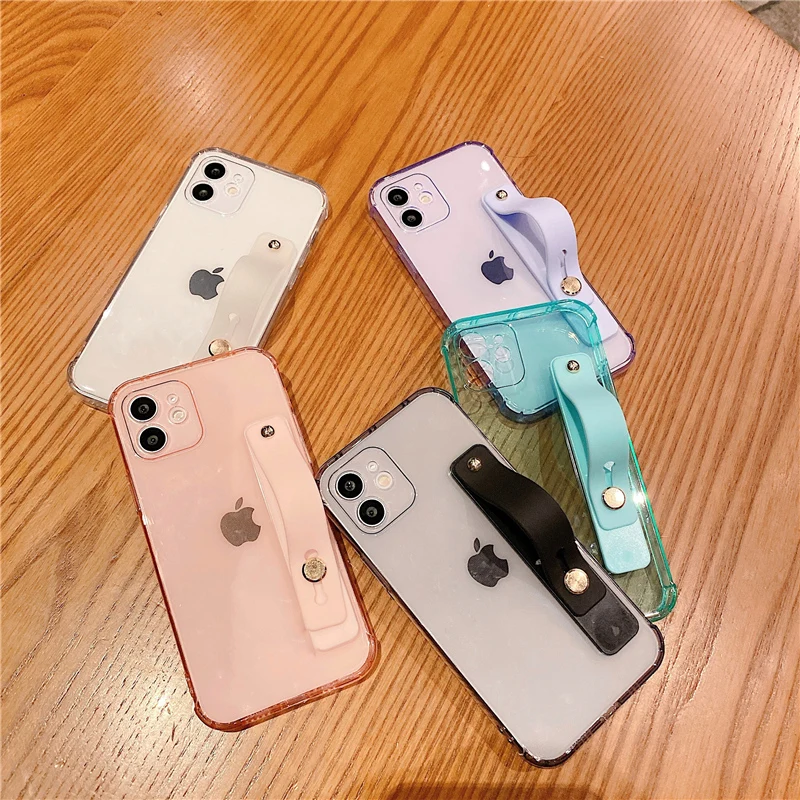 

Clear Bumper Phone Holder Case For iPhone 12 Pro Max 11 XS Max 7 8 Plus SE 2020 12 Mini X XR Candy Color Wrist Strap Back Cover