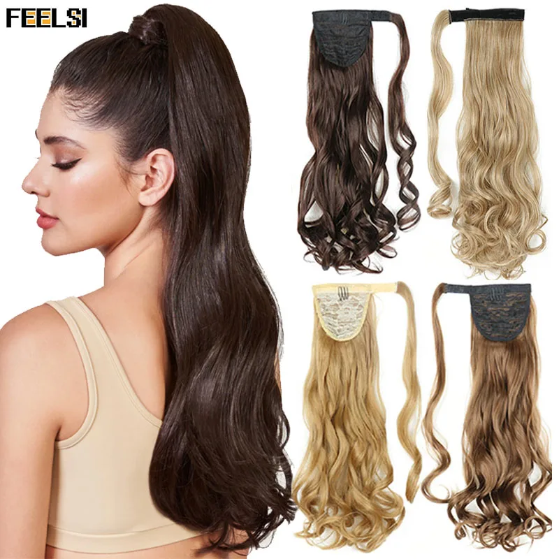 FEELSI False Ponytail Hair Extension Wig Clip Natural Wavy Long Synthetic Wrap Around Pony Tail Blonde Black Brown Hairpiece | Шиньоны и