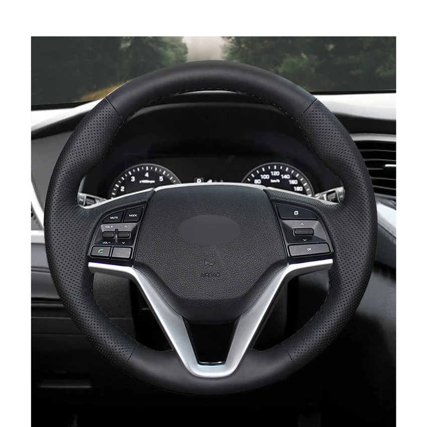 Рука сшитый черный искусственная кожа ПУ Чехлы рулевого колеса автомобиля