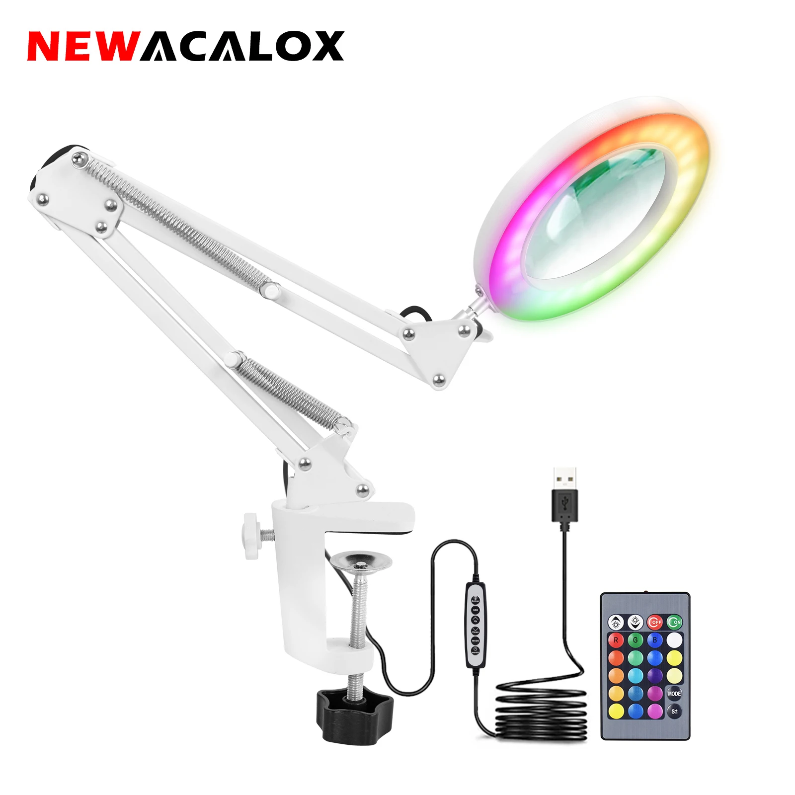 

NEWACALOX Remote Control Color Magnifying Glass Lamp 5X Magnifier Atmosphere Light Laser Light 18 Colors LED Light 7 mode RGB