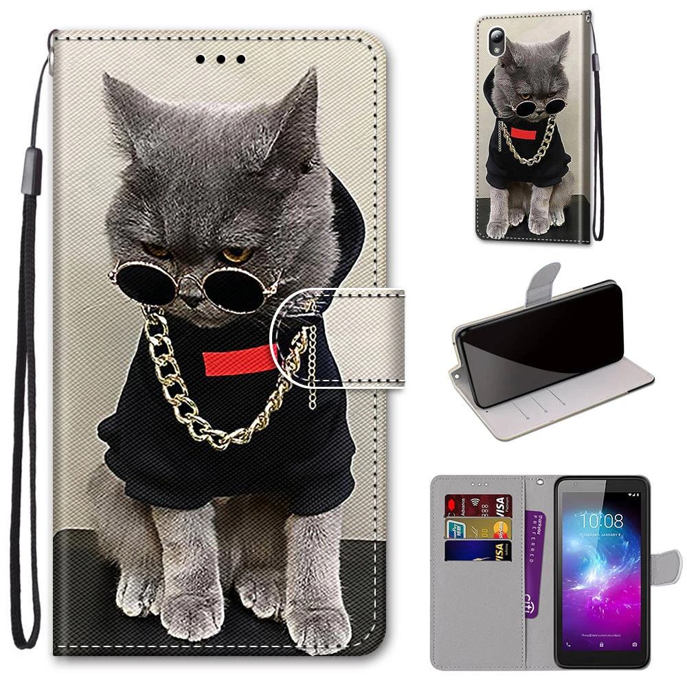 

Leather Flip Phone Case For ZTE A5 A3 A6 A7 2019 2020 Blade 20 smart V10 Vita A8 Wallet Card Holder Stand Book Cover Cat Flower