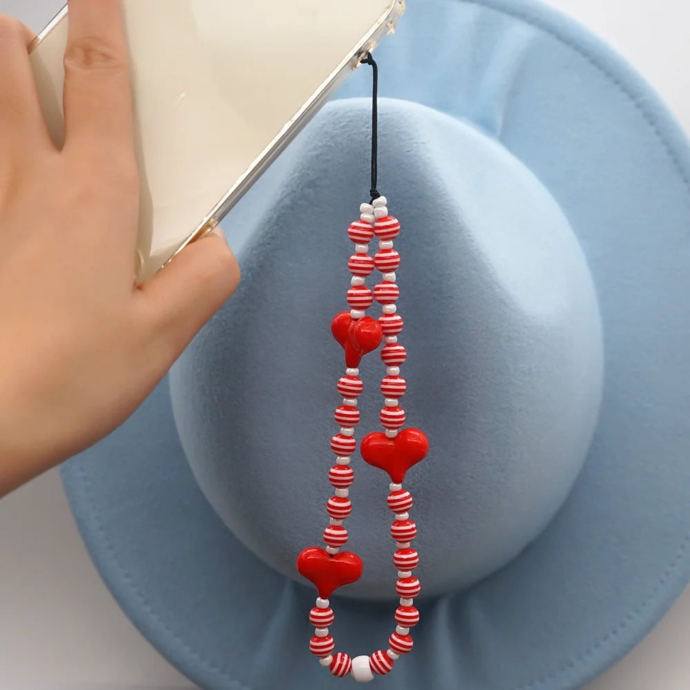 

Fashion Beads Women's Mobile Phone Strap Bag Pendant Striped Round Beads Red Heart Mobile Phone Chain Charm