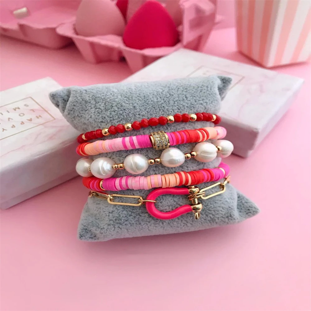 

KKBEAD 2021 Fall Winter Pink Heishi Bracelet Freshwater Pearls Pulseras Women Polymer Clay Beaded Jewelry CZ Enamel Bracelets