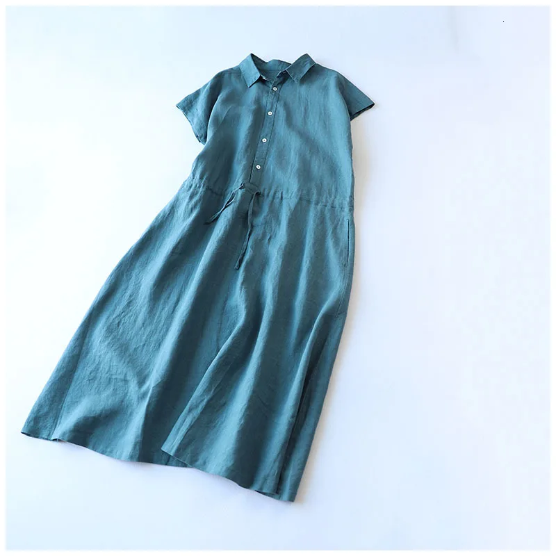 Льняное платье с короткими рукавами классическая одежда льняное длинная талия