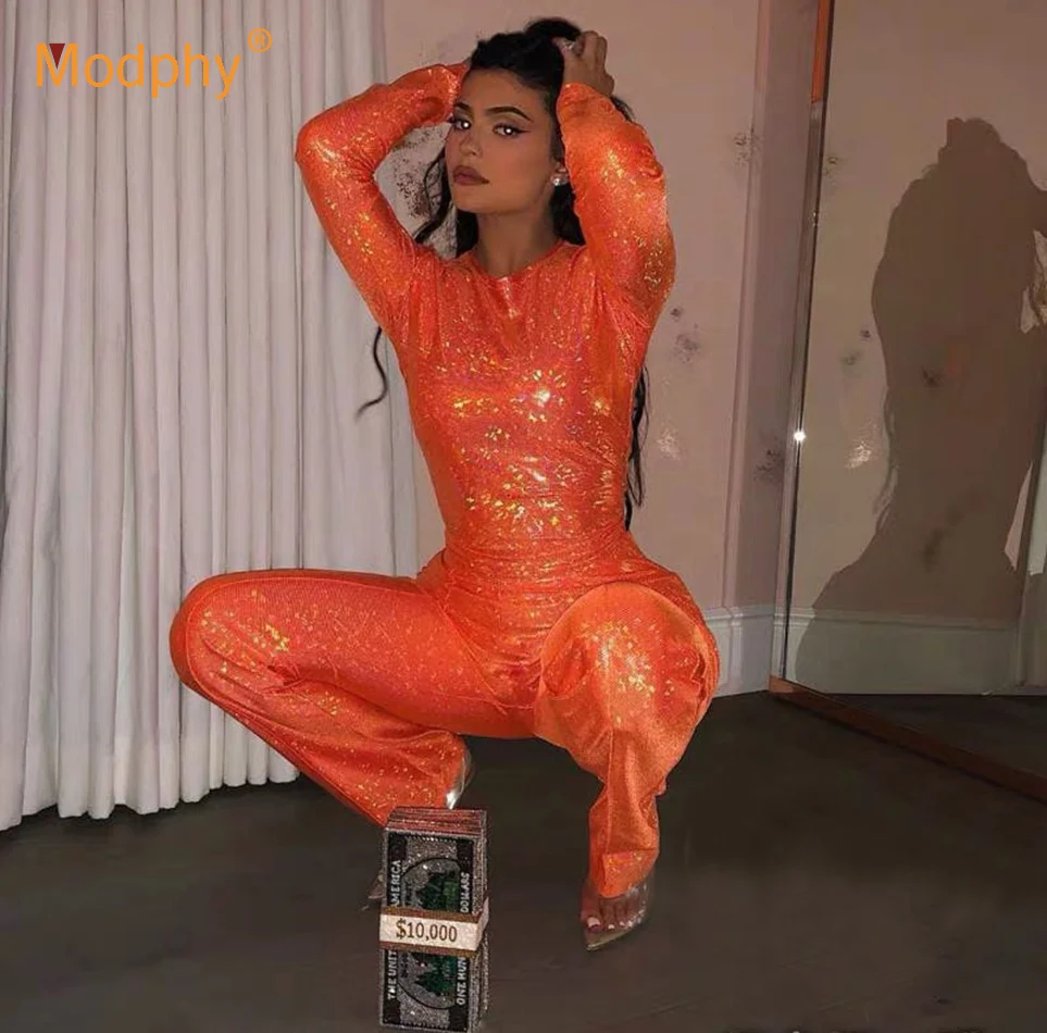 Новинка 2019 комбинезон Женский Блестящий Облегающий оранжевого цвета с длинными