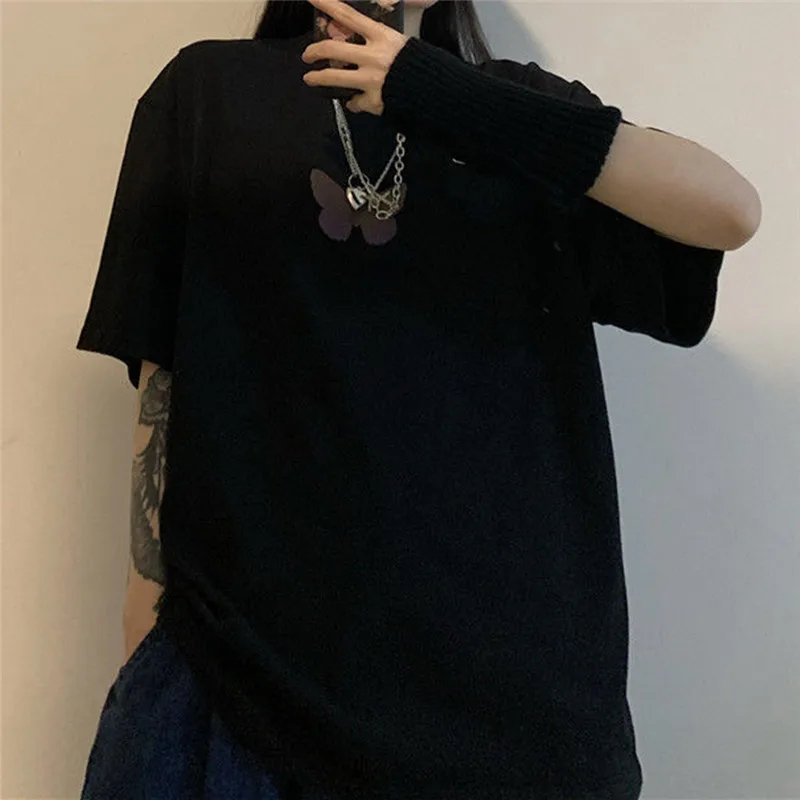 

2021 Women Casual Loose Butterfly Print Blouse Short Fashion Vintage Harajuku Streetwear Brandy Style Crop Top Blouse