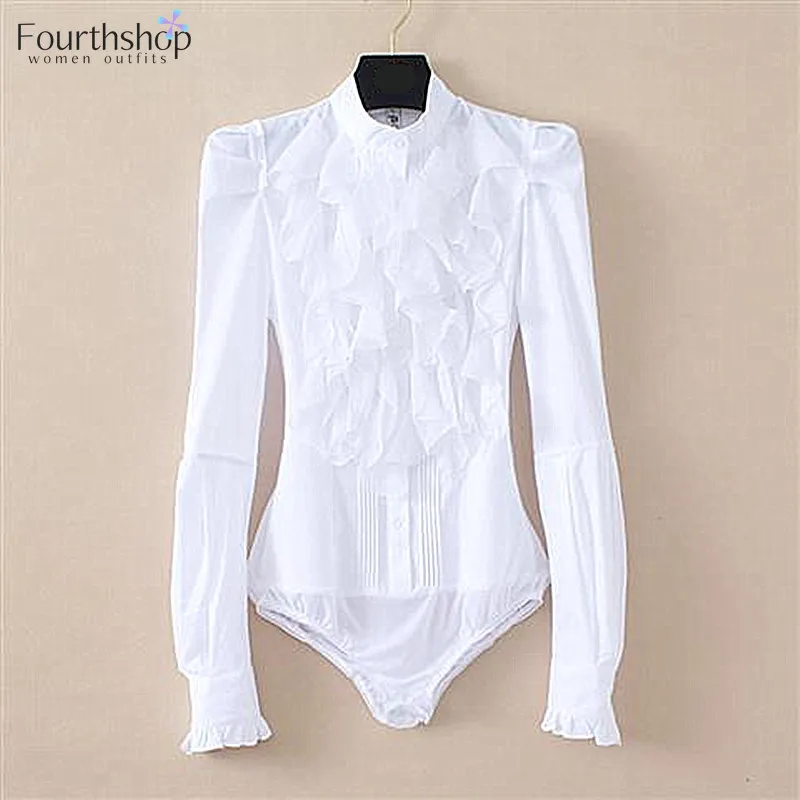 Боди женское с оборками облегающий Модный Топ длинным рукавом белая рубашка для