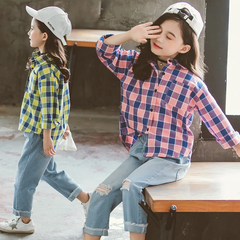 Школьные блузки для девочек-подростков клетчатая рубашка с длинными рукавами