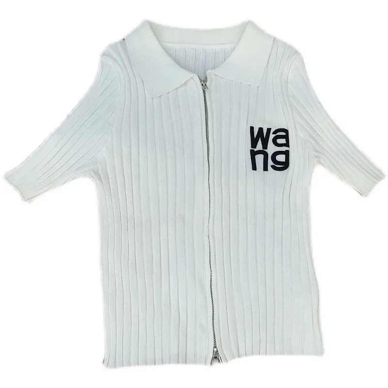 

Summer new knitted short-sleeved T-shirt 2021 ladies slim short zipper top lapel letter embroidery stretch T-shirt