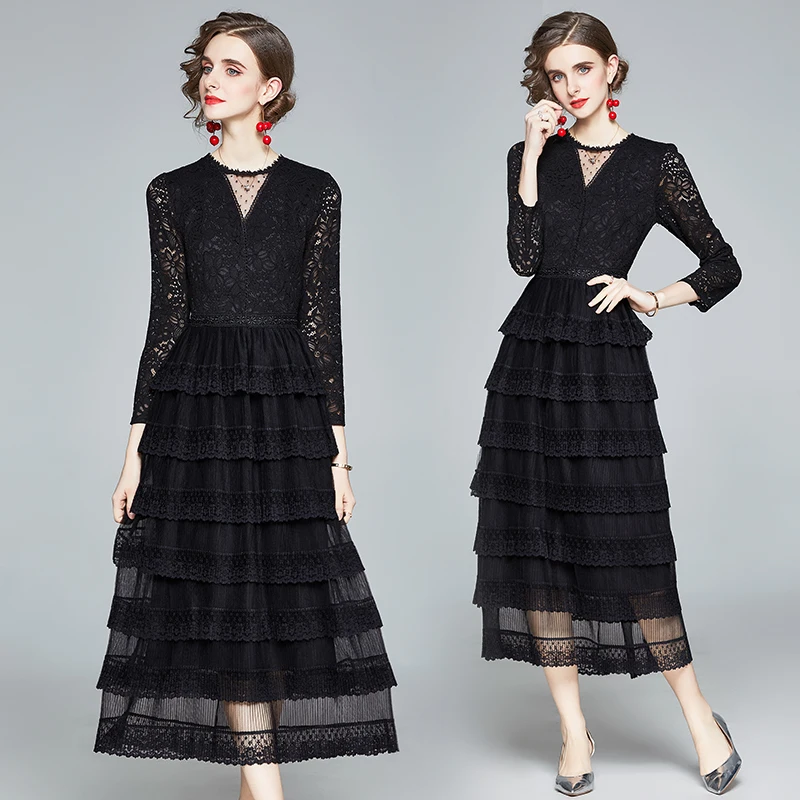 

Women Spring Autumn Elegant Long Evening Party Lace Dresses Full Sleeve Hollow Sexy Ruffle Layered Designers Black Vestidos