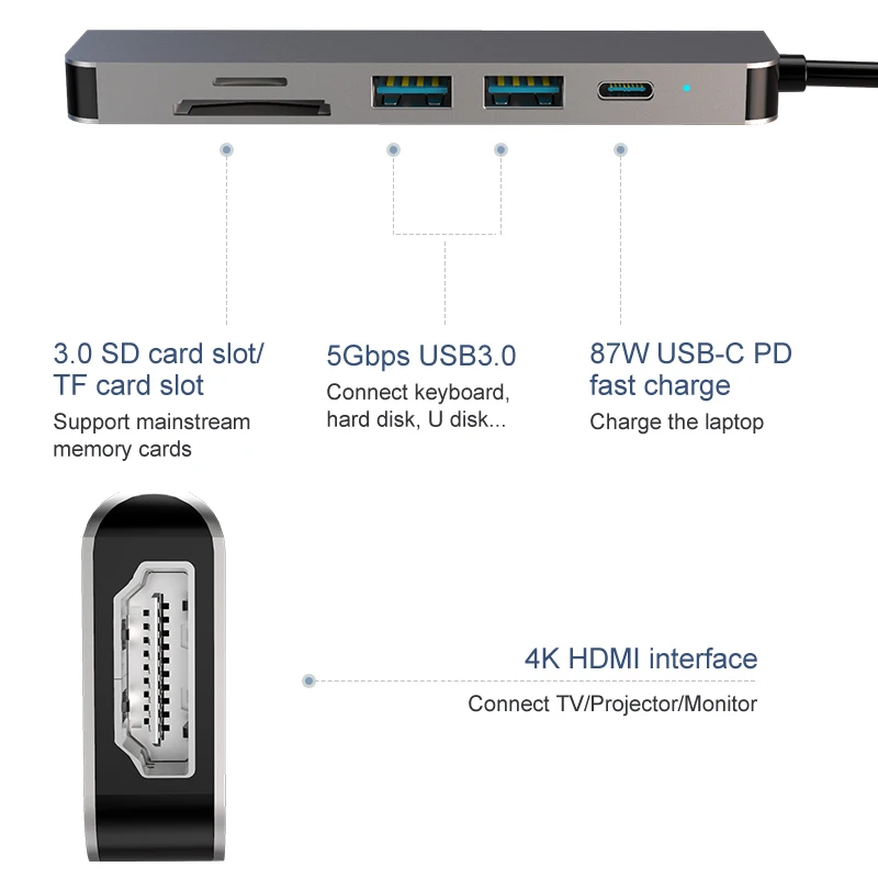 6 In 1 PD Fast Charging Dock Station Type-C Adapter to HDMI-compatible 4K USB3.0 Hub SD/TF Converter For Macbook Pro
6 In 1 PD Fast Charging Dock Station Type-C Adapter to HDMI-compatible 4K USB3.0 Hub SD/TF Converter For Macbook Pro
