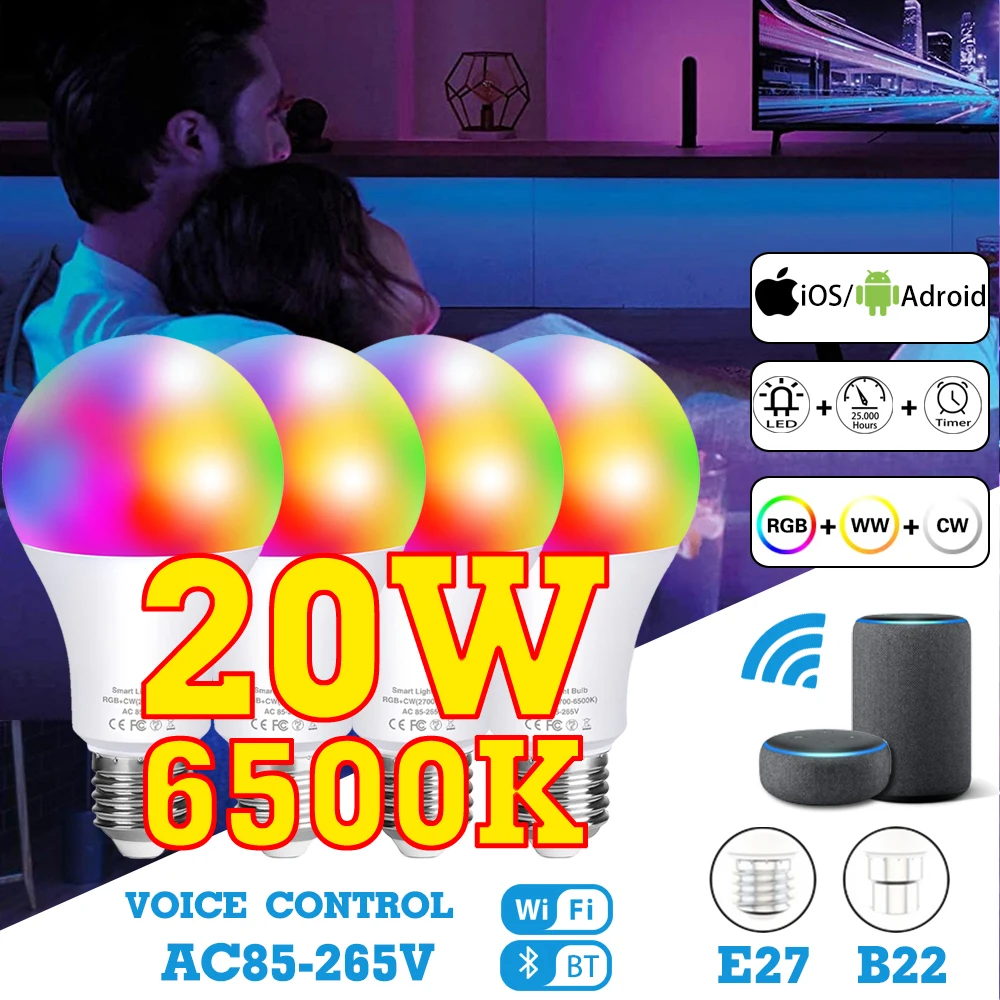 

Умная Светодиодная лампа Tuya с Wi-Fi, 20 Вт, E27, B22