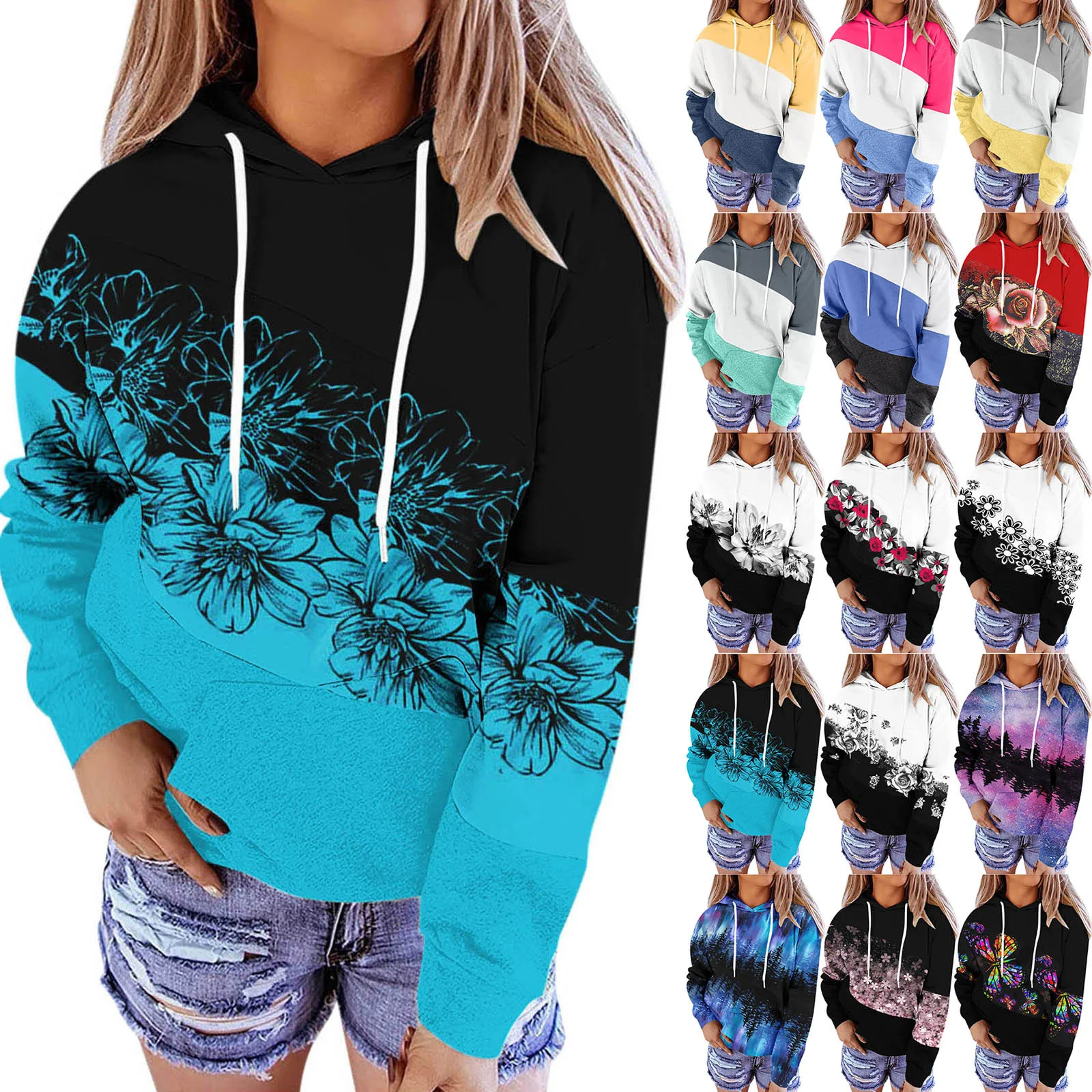 

Hot Sale 2021 Ladies Casual Stitching Printing Long-sleeved Loose Warm Hooded Sweater Top Hooded Women's Thick Coat New