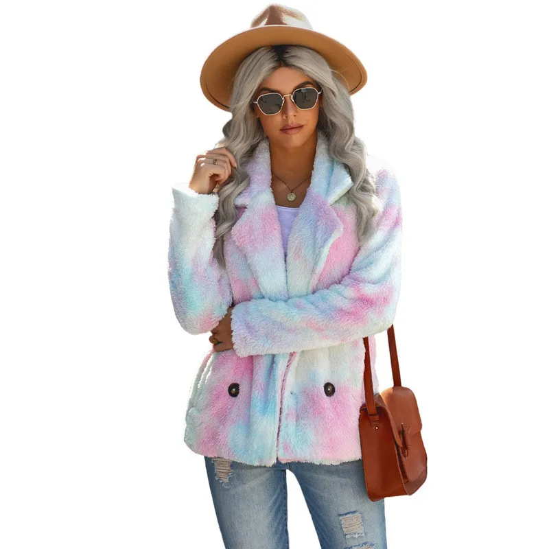 

Winter Cute New Colorful Lapels Plush Fall Notched Women's Breasted Dropshipping Double Arrival Ladies Jackets Dye Tie Women's