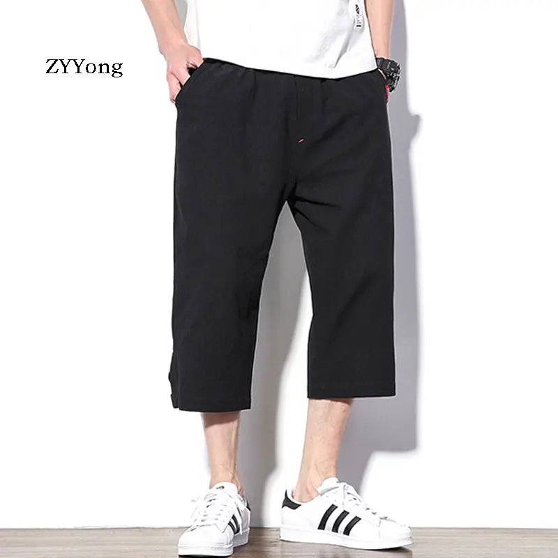 Новинка лета 2020 свободные мужские однотонные Удобные укороченные брюки большого