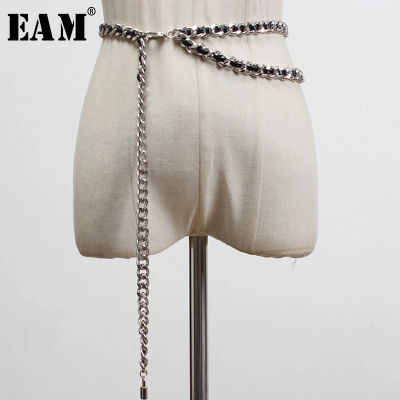 [EAM] Повседневный стильный Плетеный ремень из искусственной кожи с цепочками на