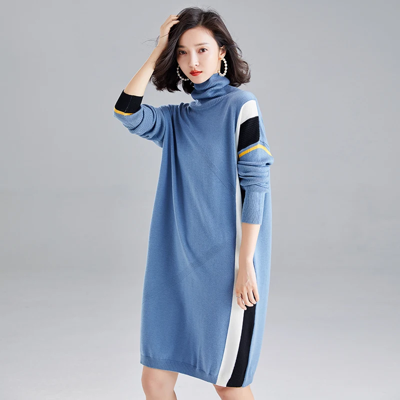 Осенне-зимнее женское кашемировое платье с высоким воротником платье-пуловер