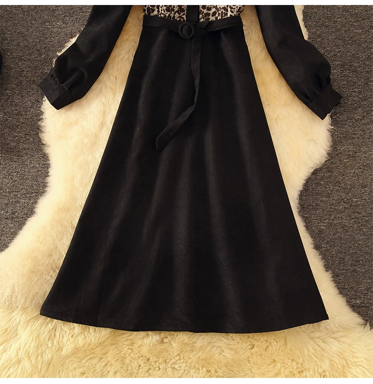 

New Elegant Long Midi Dress Winter Black Leopard Print Long Sleeve Slim A-line Sashes Dress Spring 2021