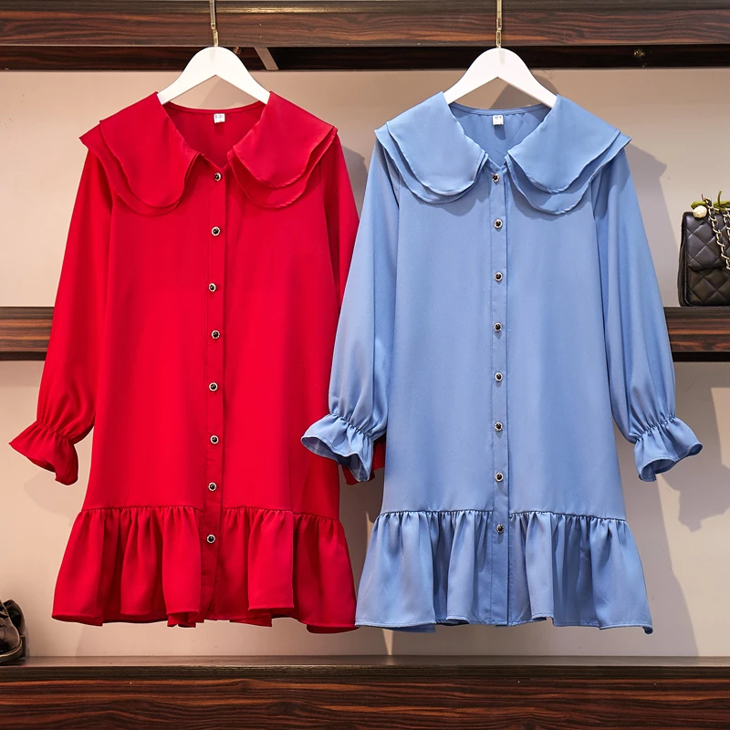 

A Long Chiffon Skirt With Loose Bell Sleeves In A Dress Of Large Size Women's Fat Mm Autumn Dress, Doll Collar Shirt And Dress