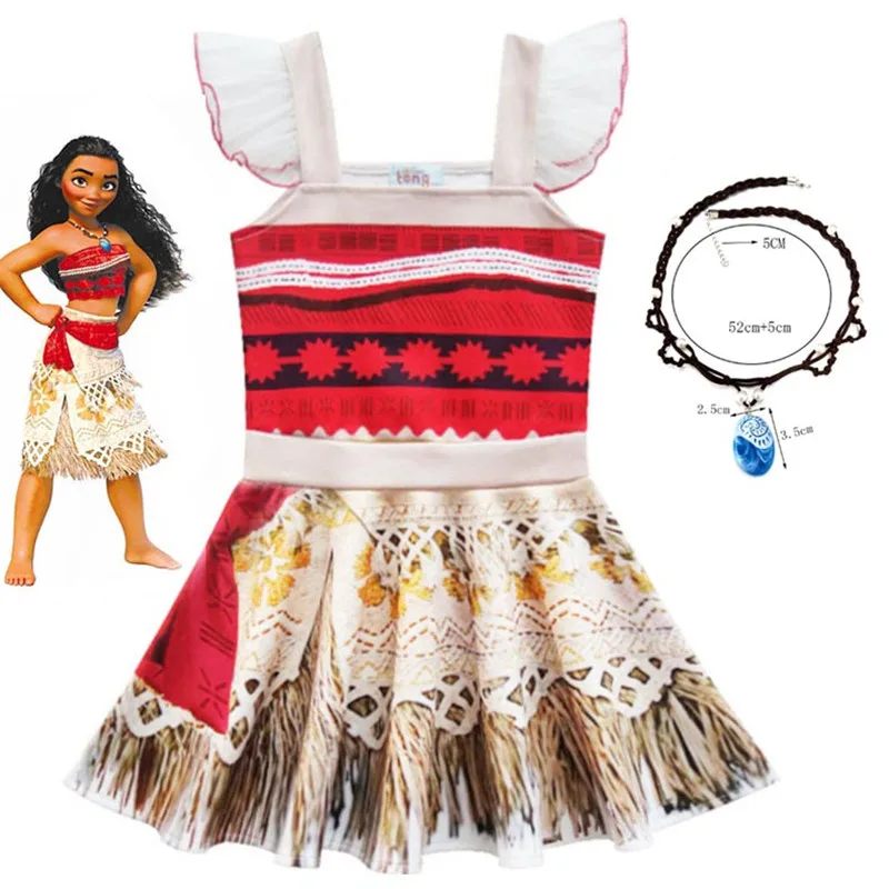 Toddler Girls Ballet Moana Cosplay Costume for Kids Sleeveless Soft Sling Princess Dress with Necklace Birthday Party Clothing