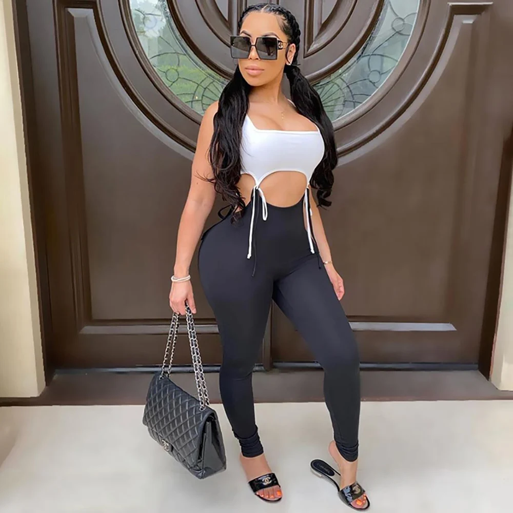 

Hollow Out Women's Clothes Sleeveless Square Collar Crop Tops + Long Pants Troubles Lace Up Skinny Legging Jumpsuits Overall