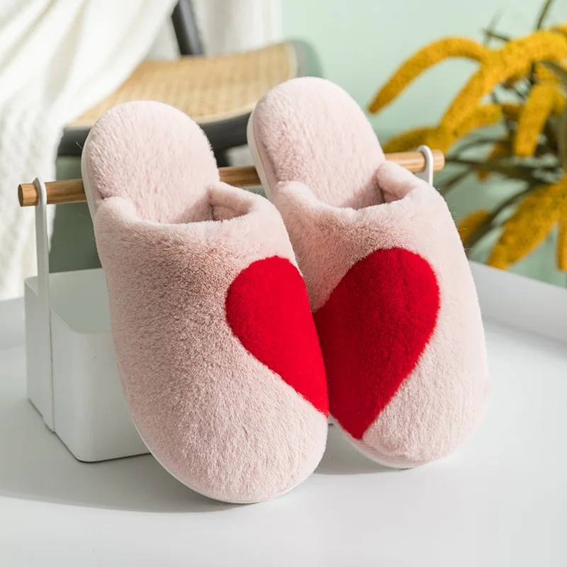 

Furry Slippers Lovers Heart Shape Black Slippers for Women Couple Home Shoes Indoor Rabbit Fur Girl's Pink Warm Fur Slippers