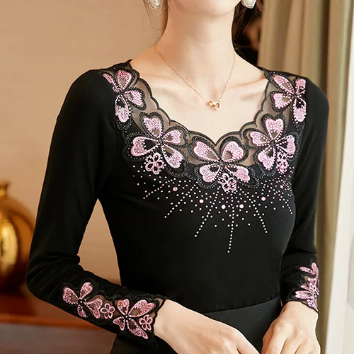 Black-Pink Blusas mujer de moda, Осенние сетчатые топы с длинными рукавами и вышивкой, модная Повседневная Блузка с бриллиантами, рубашка, большие размеры - Цвет: Black-Pink