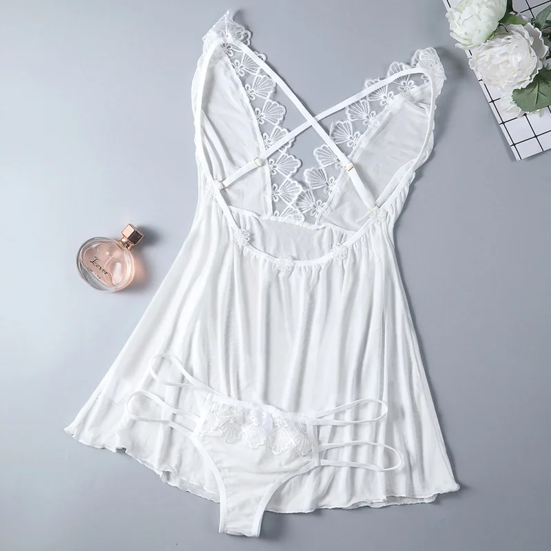 White Sexy Sling Nightdress Deep Lace Miniskirt Home Temptation Large Size Set |