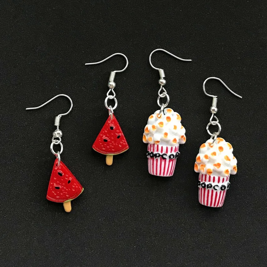 

1Pair Cute Woman Watermelon And Popcorn Earring Resin Flatback Food Drop Earrings For Women Girls fashion jewelry Earrings Gift