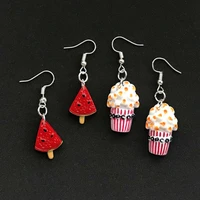 1pair cute woman watermelon and popcorn earring resin flatback food drop earrings for women girls fashion jewelry earrings gift