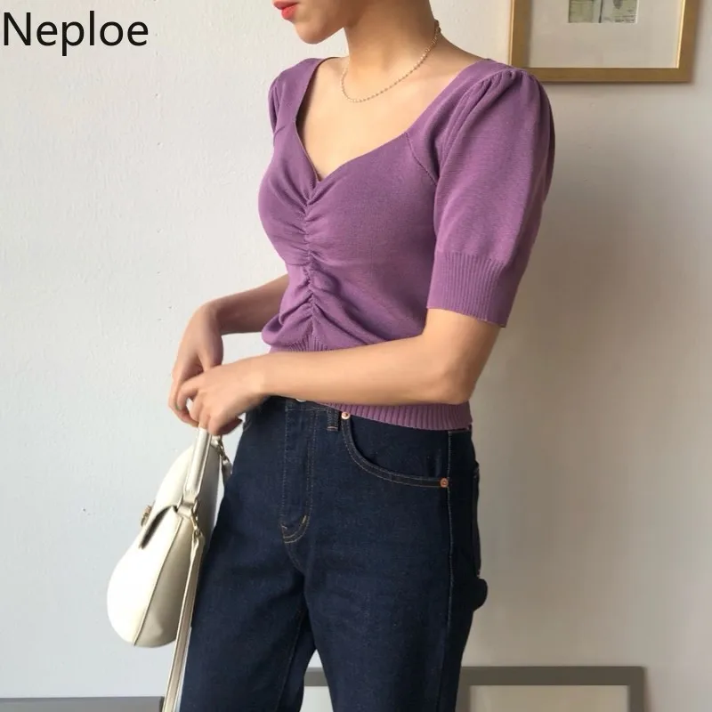 Neploe вязаные женские футболки лето 2021 Ретро с V образным вырезом и пышными