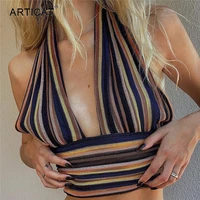 articat striped sexy sleeveless crop tops women pink camisoles beachwear female backless halter bandage slim cropped top fashion