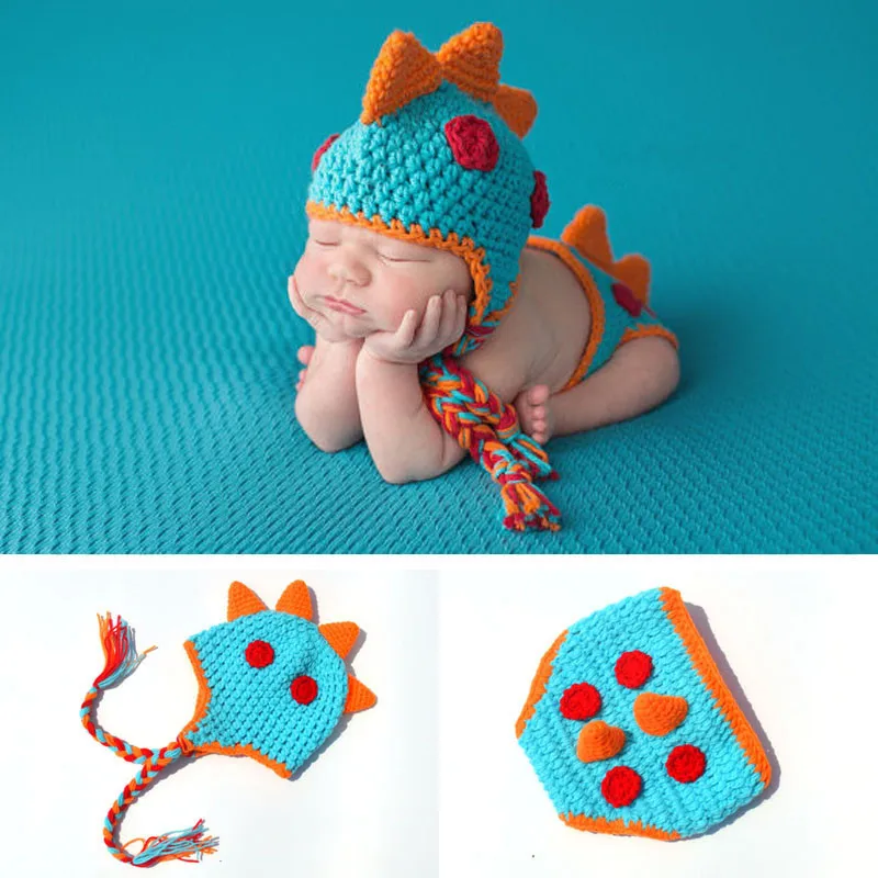 

Baby Photography Props Costume Cartoon Dinosaur Hundred Days Creative Costume Wool Knitted Skin-friendly Children Photo Hat Set