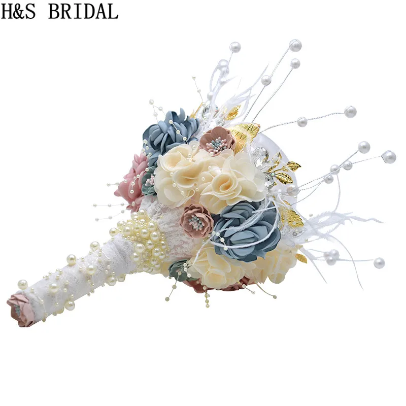 Свадебный букет с перьями H & S золотые броши розовая Свадебная искусственная