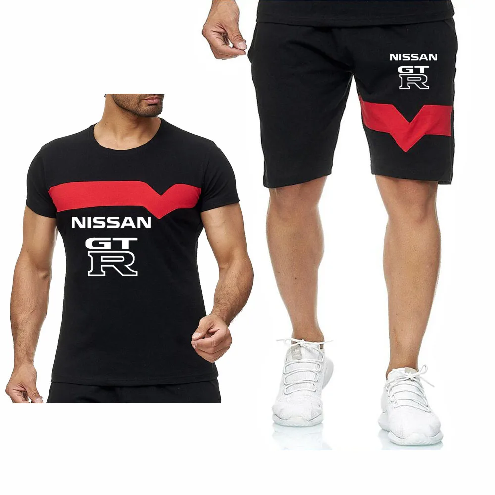 

New Brand Male Wild Hedging Short Sleeve GTR Car Logo Mens Harajuku Cotton Leisure Men T-Shirt + Sportswear Suit Man Streetwear