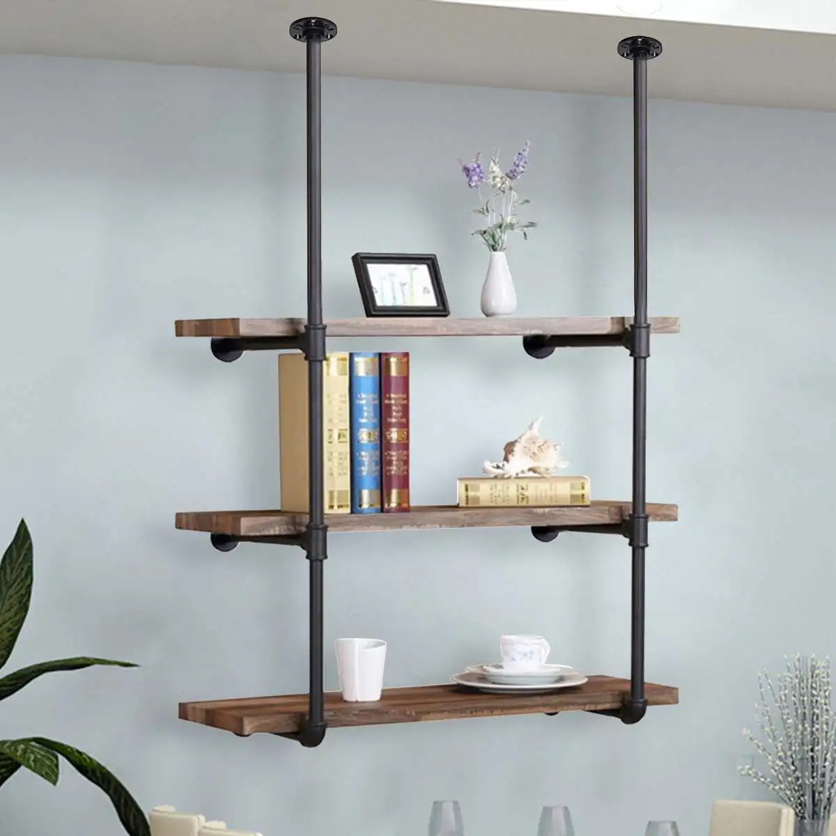 

2pcs 3 layer Industrial Retro Style Bookshelf DIY Wall Ceiling Mounted Storage Shelves Bracket Black Iron Pipe Shelf Home Decor