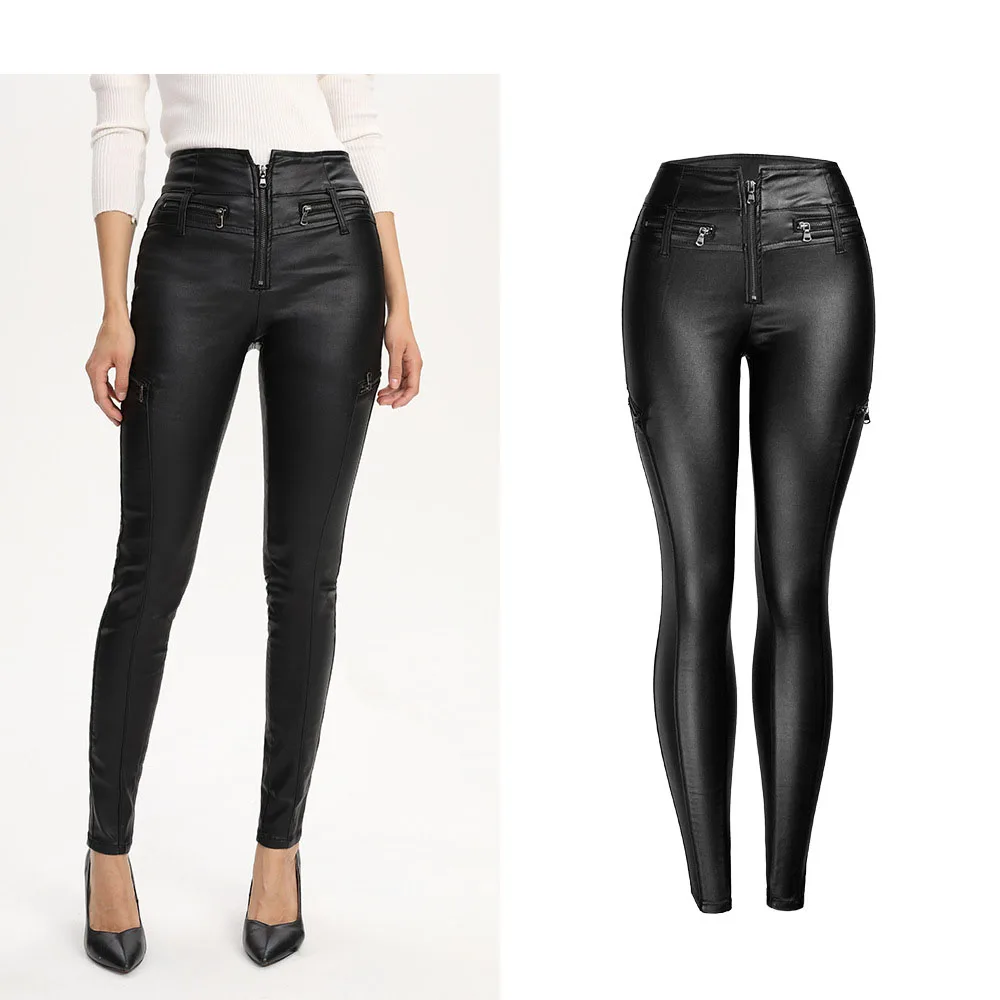 Женские узкие джинсы из искусственной кожи черные облегающие на молнии с
