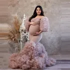 Элегантные платья для беременных с юбкой-годе для фотосессии большого размера съемные рукава с оборками эластичное Тюлевое расклешенное платье для беременных