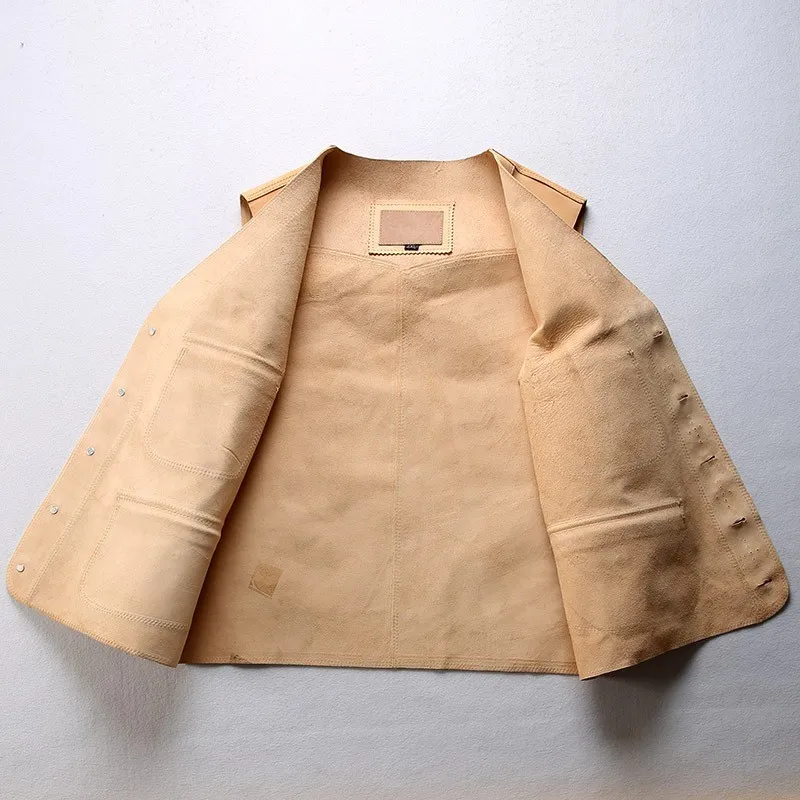 

Natural Horse Mens Leather Vest Single Breasted Pockets Slim Fit Sleeveless Cargo Jacket Bikers V Neck Genuine Leather Waistcoat